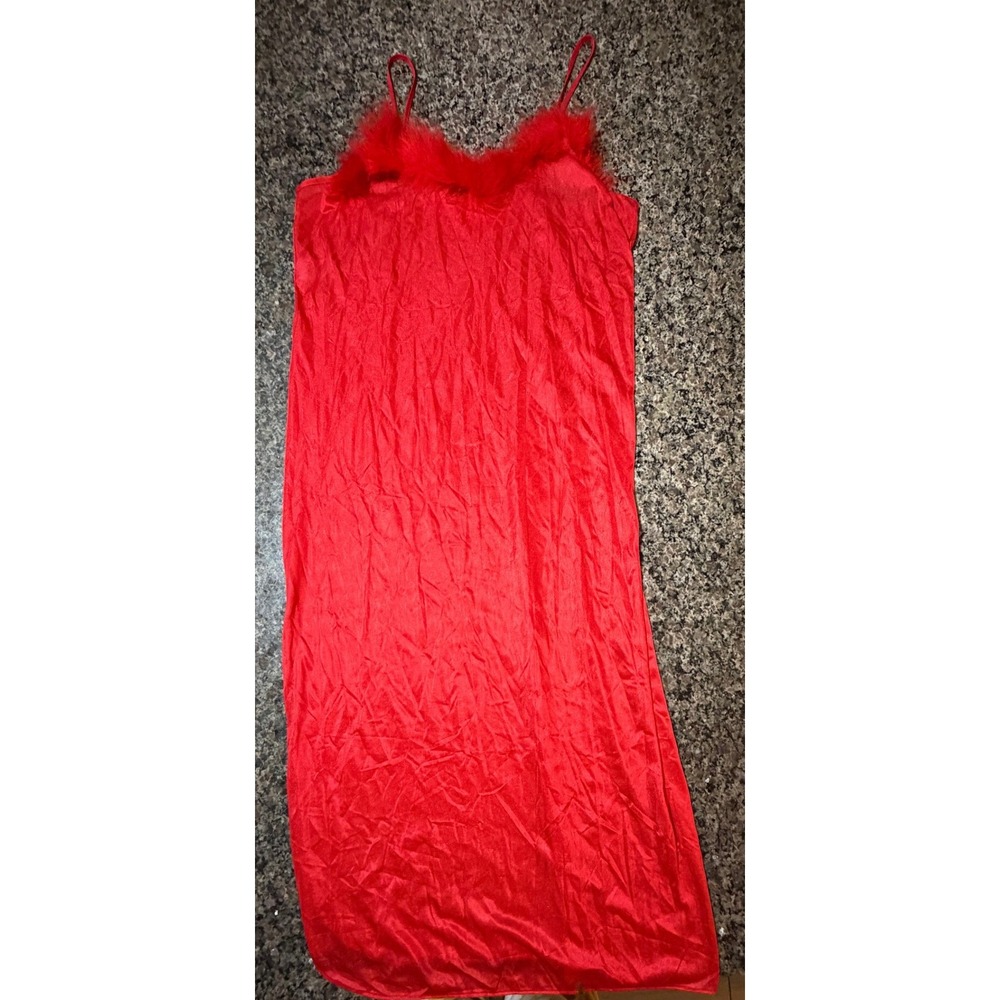 Red Satin Faux Fur‎ Trim Nightgown Long Slip Dress Sleepwear Side Slit XL